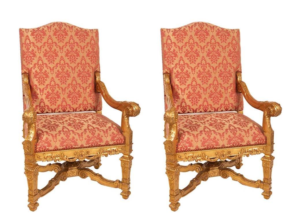 Appraisal: PAIR OF FRENCH GILTWOOD OPEN ARMCHAIRS inches high Condition