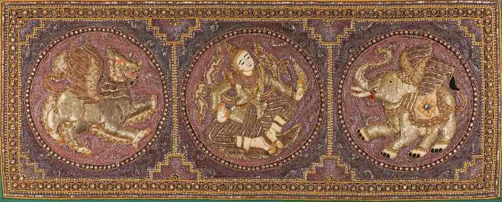 Appraisal: Burmese Kalaga beaded tapestry with a gryphon thai dancer and