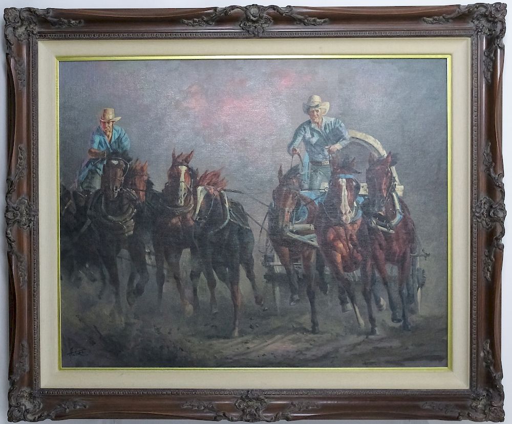 Appraisal: American Western Cowboy Horses Oil Painting SIGNED th Century American