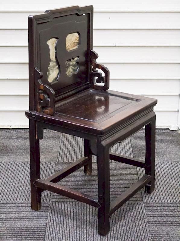 Appraisal: Chinese Hardwood Chair with Marble Inlay Chinese carved hardwood armchair