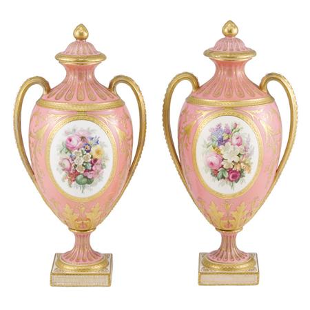 Appraisal: Pair of Copeland Gilt Decorated Porcelain Two-Handled Garniture Urns Estimate