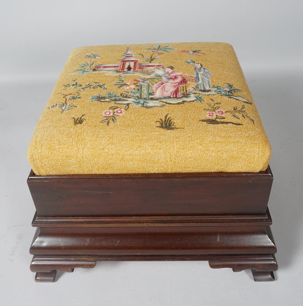 Appraisal: POTTHAST BROS MAHOGANY FOOTSTOOL TH CENTURY the padded Asian gros