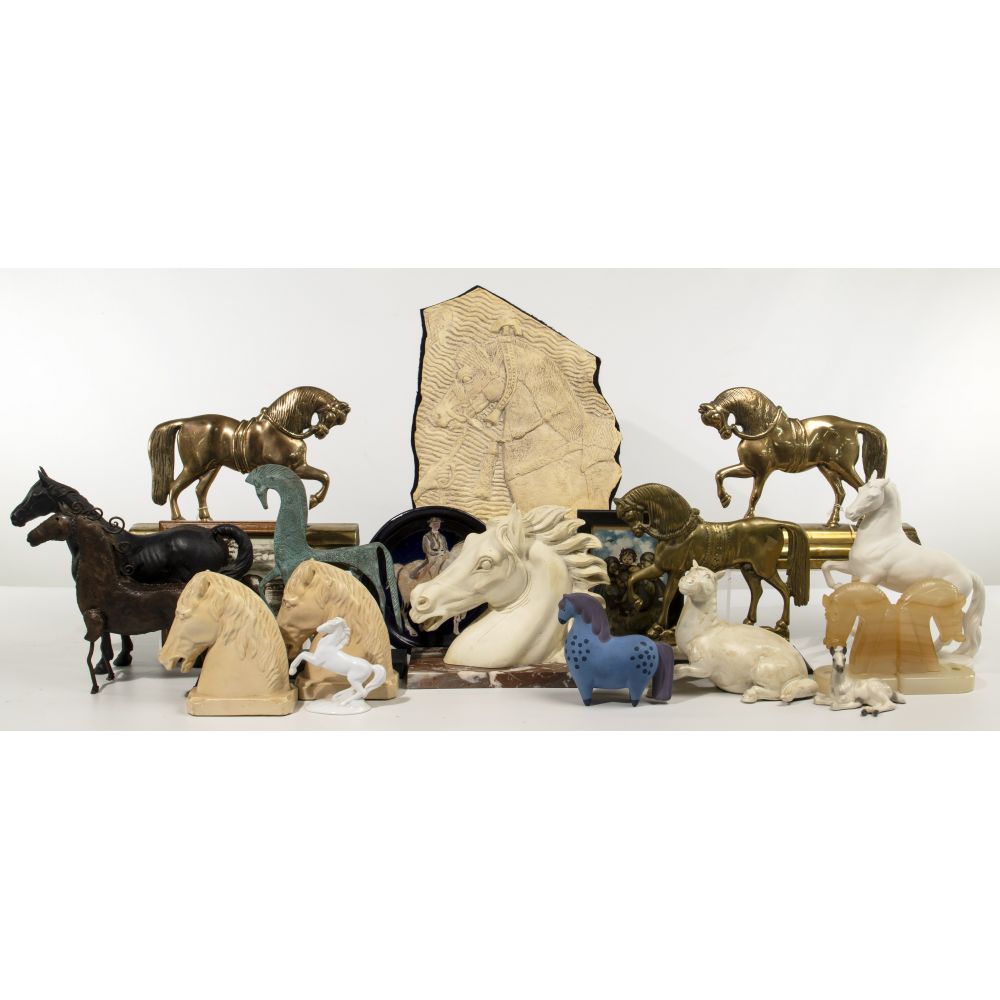 Appraisal: DECORATIVE HORSE OBJECT ASSORTMENT ceramic metal composite and stone equine-themed