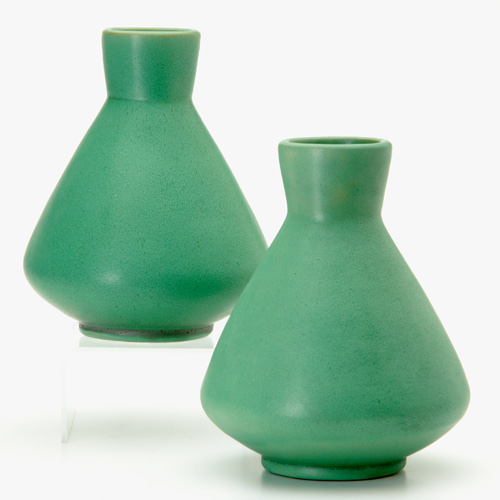 Appraisal: TECO Pair of beaker-shaped vases in matte green glaze Both