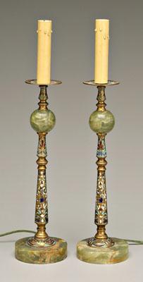 Appraisal: Pair French champleve lamps shaped as candlesticks green marble base