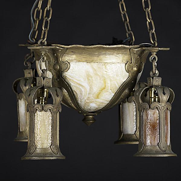 Appraisal: ARTS CRAFTS LIGHTINGHanging fixture with half globe and four drops