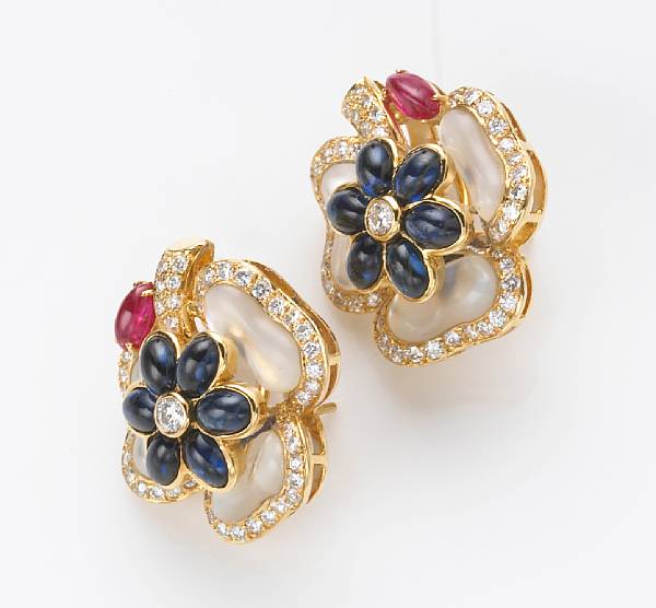 Appraisal: A pair of sapphire mother-of-pearl diamond ruby and k gold