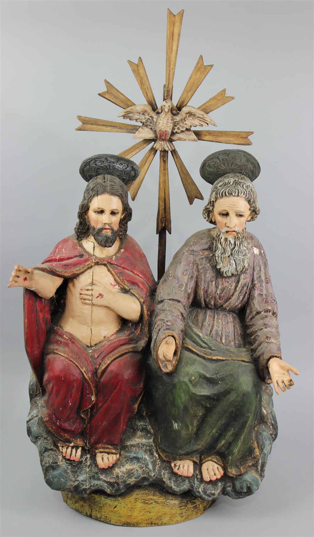 Appraisal: SPANISH COLONIAL POLYCHROME WOOD GROUP OF CHRIST AND PROBABLY GOD