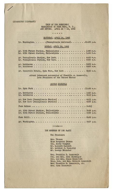 Appraisal: FDR Funeral Train Original Three Page Corrected Itinerary of the