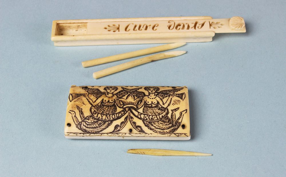 Appraisal: Two Scrimshaw and Carved Ivory Toothpick Boxes circa Two Scrimshaw