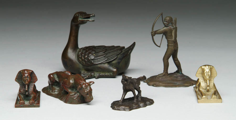 Appraisal: SIX BRONZE MINIATURE PAPERWEIGHTS Lot consists of two sphinx crouching