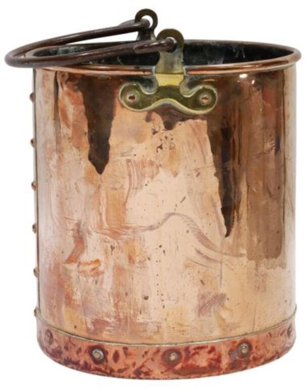 Appraisal: English copper bucket th c riveted construction iron bail handle