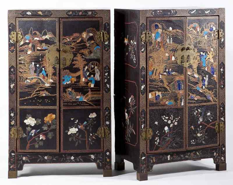 Appraisal: Pair of Chinese Black Lacquered Cabinets th century with polychrome