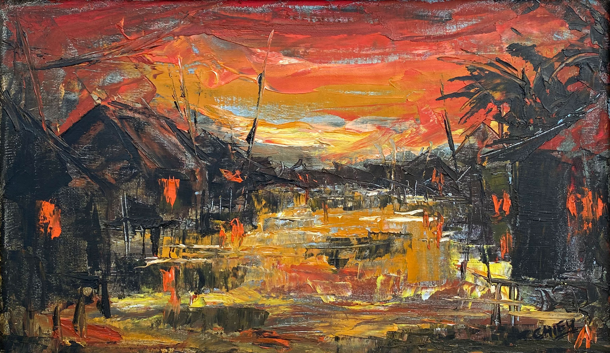 Appraisal: SAIGON PAINTING BY CHIEU Red Sunset Oil Canvas '' x