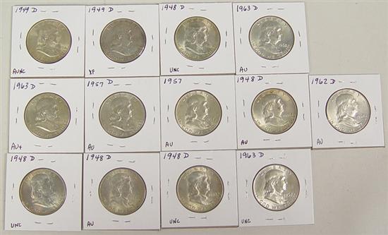 Appraisal: Thirteen Franklin Half Dollars In better grades -D coins AU