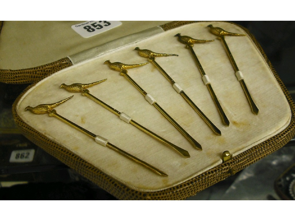 Appraisal: Set of six silver-gilt cocktail sticks modelled with pheasants hallmarked