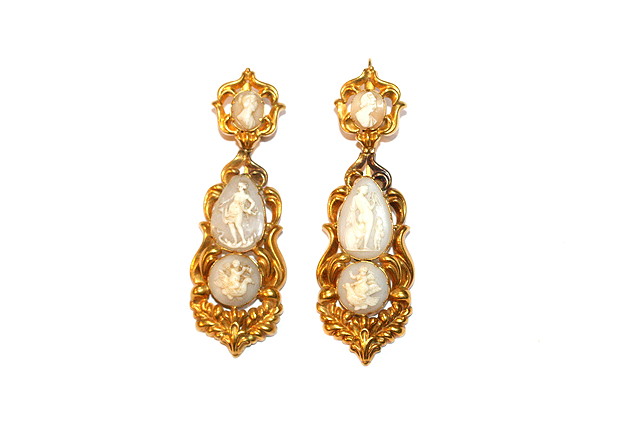 Appraisal: A PAIR OF VICTORIAN CAMEO SET DROP EARRINGS pear shaped