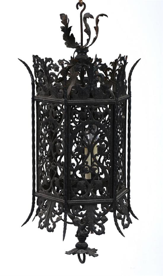 Appraisal: PATINATED COPPER TAPERING SQUARE HANGING LANTERN th century Scalloped crown