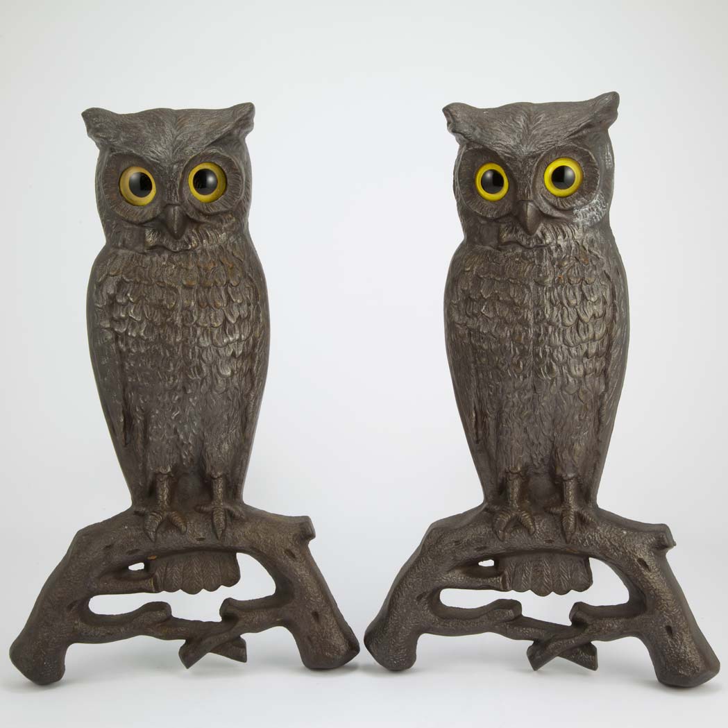 Appraisal: Pair of Cast Iron Owl Andirons Each with glass eyes