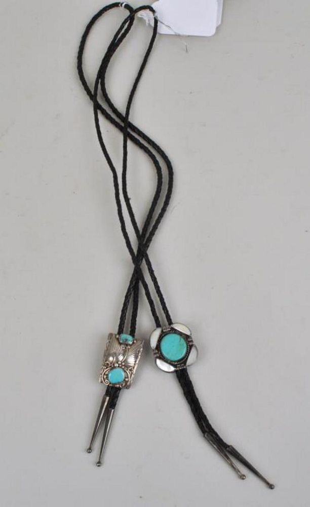 Appraisal: Two Signed Sterling Native American Bolo Ties one turquoise signed