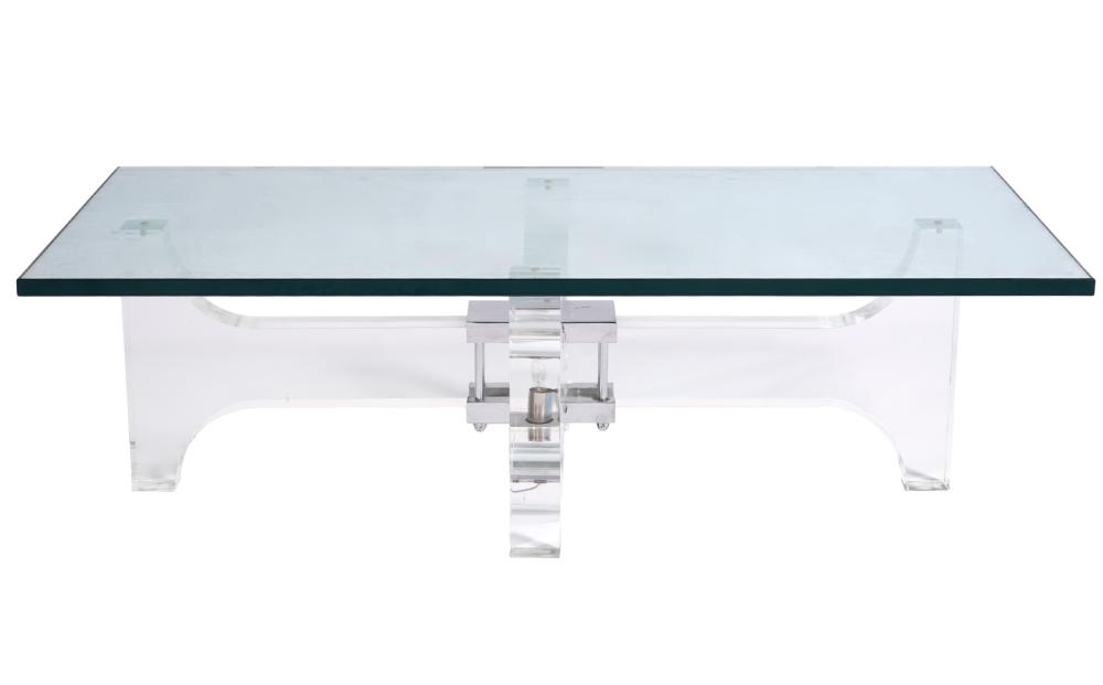 Appraisal: LUCITE CHROME GLASS ILLUMINATING COFFEE TABLEMid-century modern rectangular glass top