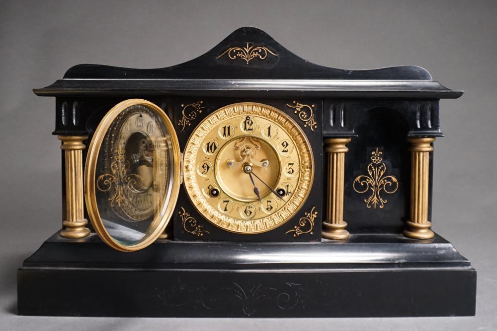 Appraisal: WATERBURY PARTIAL GILT BLACK PAINTED METAL MANTLE CLOCKWaterbury Partial Gilt