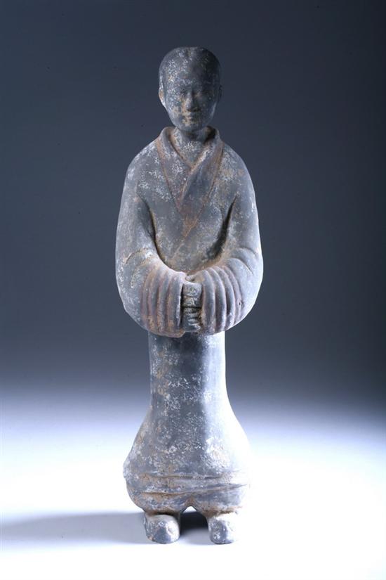 Appraisal: CHINESE GREY POTTERY FIGURE OF ATTENDANT - in high This