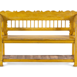 Appraisal: A Yellow-Painted Hall Bench th Century with Earlier Elements Height