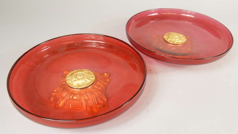 Appraisal: A pair of cranberry tinted tazza each with gilt metal