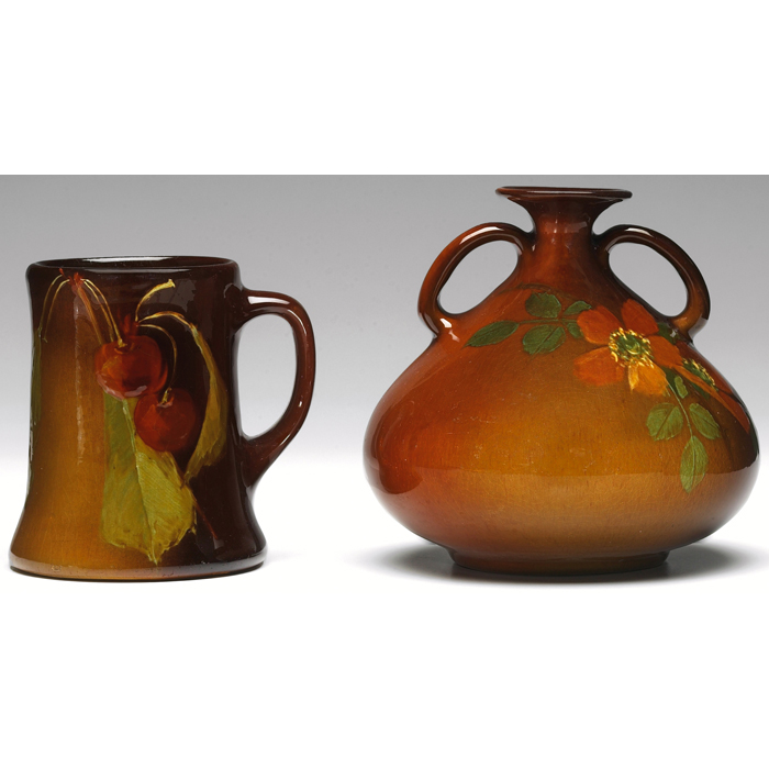 Appraisal: Rozane mug brown glaze with a painted design of cherries