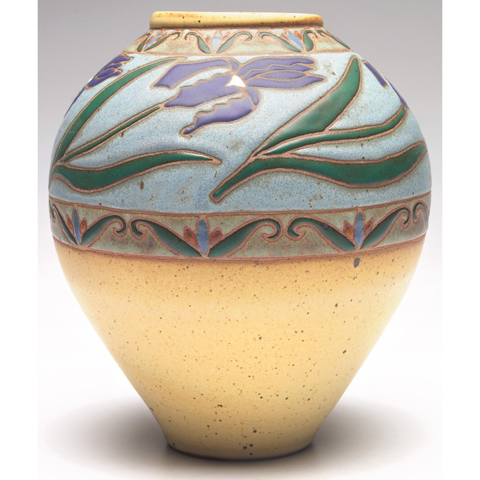 Appraisal: Common Ground vase contemporary bulbous shape with incised colorful irises