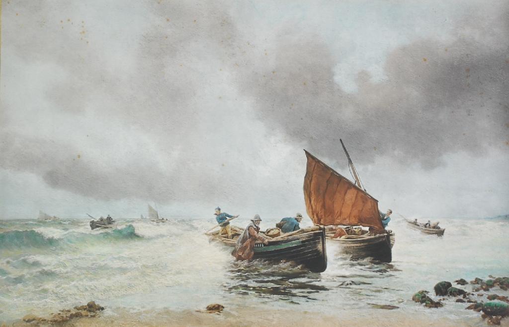 Appraisal: AFTER MAURICE COURANT COLOURED PHOTOGRAVURE Fishing boats returning to shore