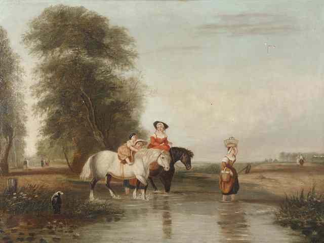 Appraisal: th Century English SchoolTravellers on horseback fording a river oils