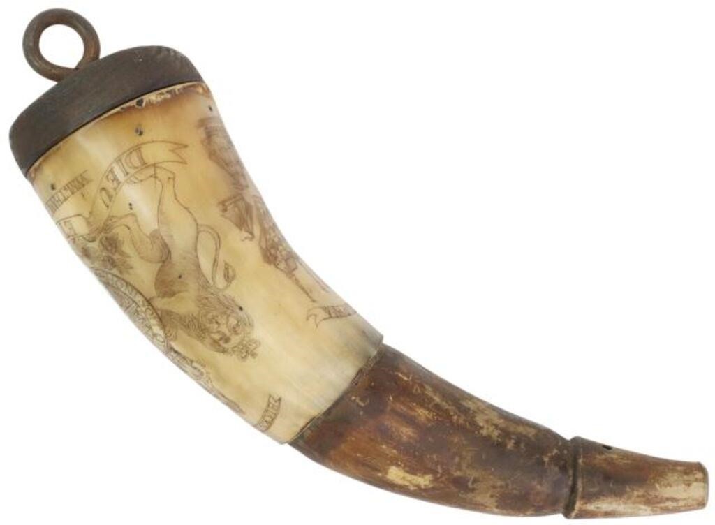 Appraisal: Carved powder horn the scrimshaw work depicting on one side