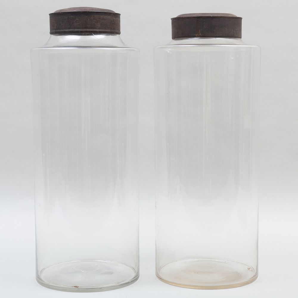 Appraisal: Two Tall Blown Glass Jars with Two Tin Lids x