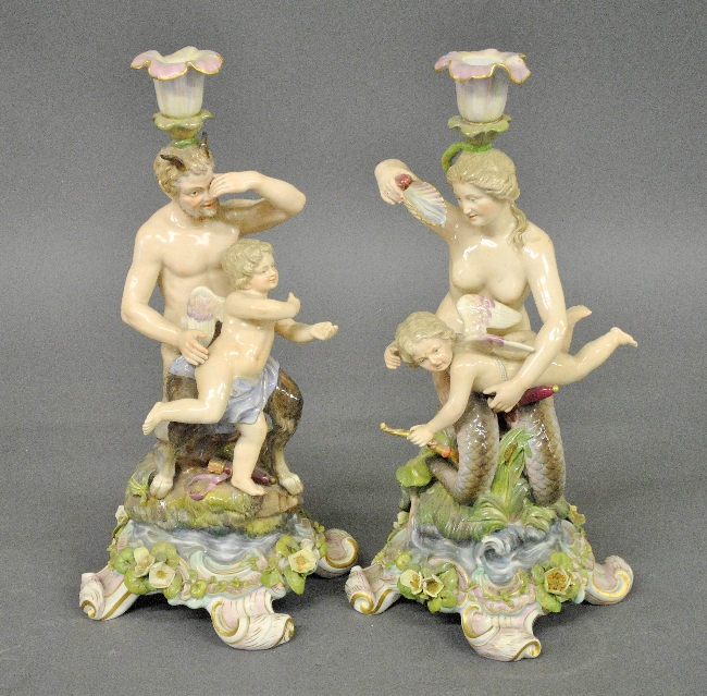 Appraisal: - Pair of Meissen figural group candlesticks th c one