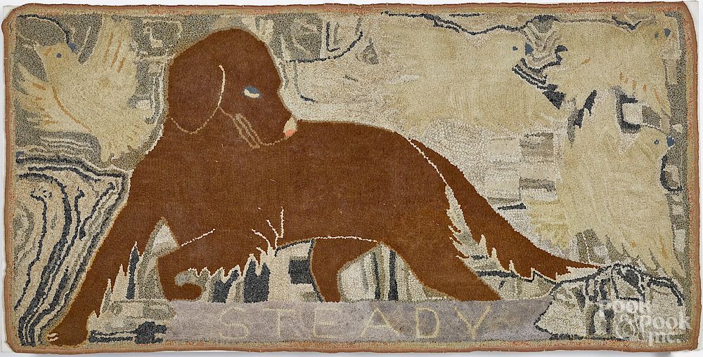 Appraisal: Large sporting dog hooked rug late th c Large sporting