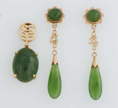 Appraisal: A Pair of Jade Earrings and Pendant k yellow gold