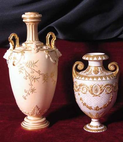 Appraisal: Two piece Worcester gilt decorated twin handled vases H in