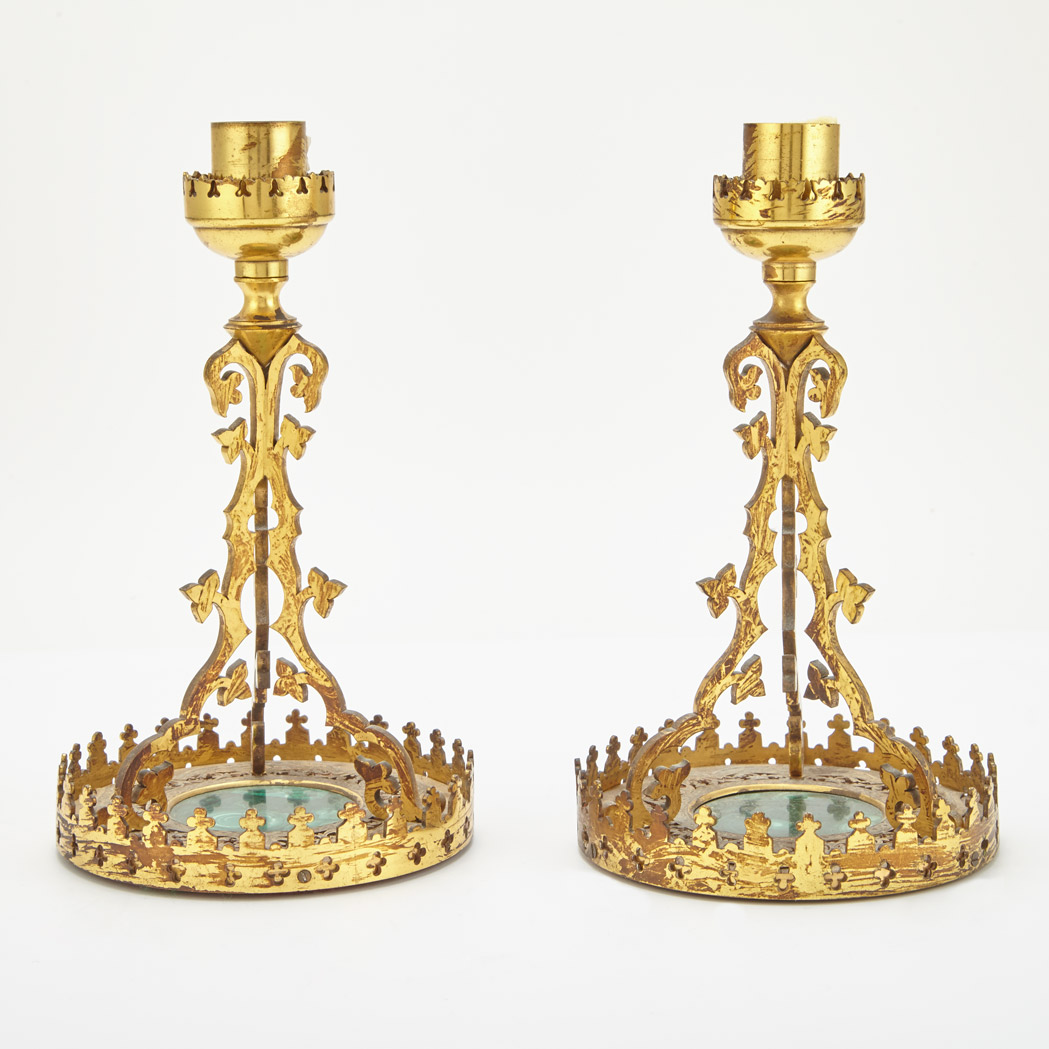 Appraisal: Pair of Gothic Style Gilt-Metal and Malachite Single-Light Candlesticks Height