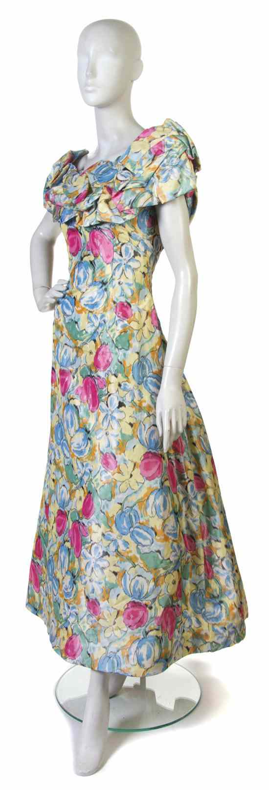 Appraisal: An Arnold Scaasi Floral Silk Evening Gown Labeled Arnold Scaasi