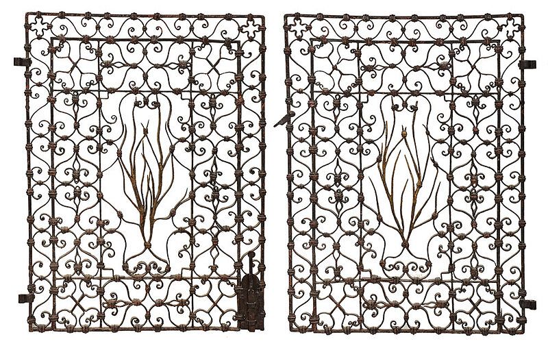 Appraisal: Pair of Gothic Style Wrought Iron Gates Continental probably th