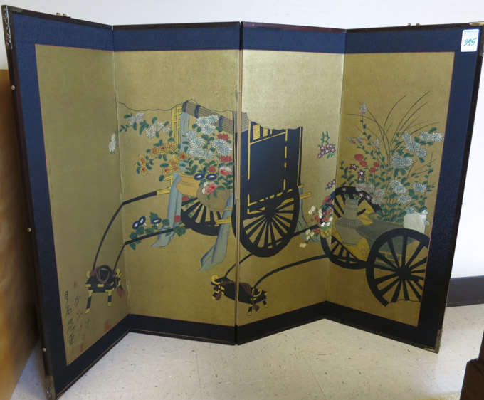 Appraisal: JAPANESE FOUR-PANEL FOLDING WALL SCREEN hand painted rickshaws and flowers