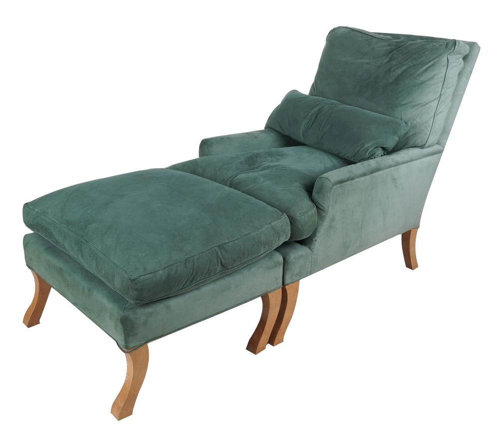 Appraisal: ROSE TARLOW GREEN UPHOLSTERED ARMCHAIR AND OTTOMANwith the label Provenance