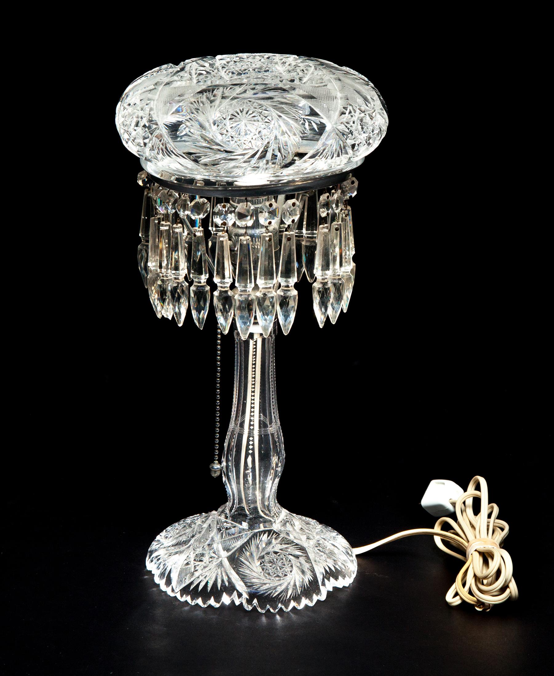 Appraisal: BRILLIANT PERIOD CUT GLASS TABLE LAMP American ca Mushroom shaped