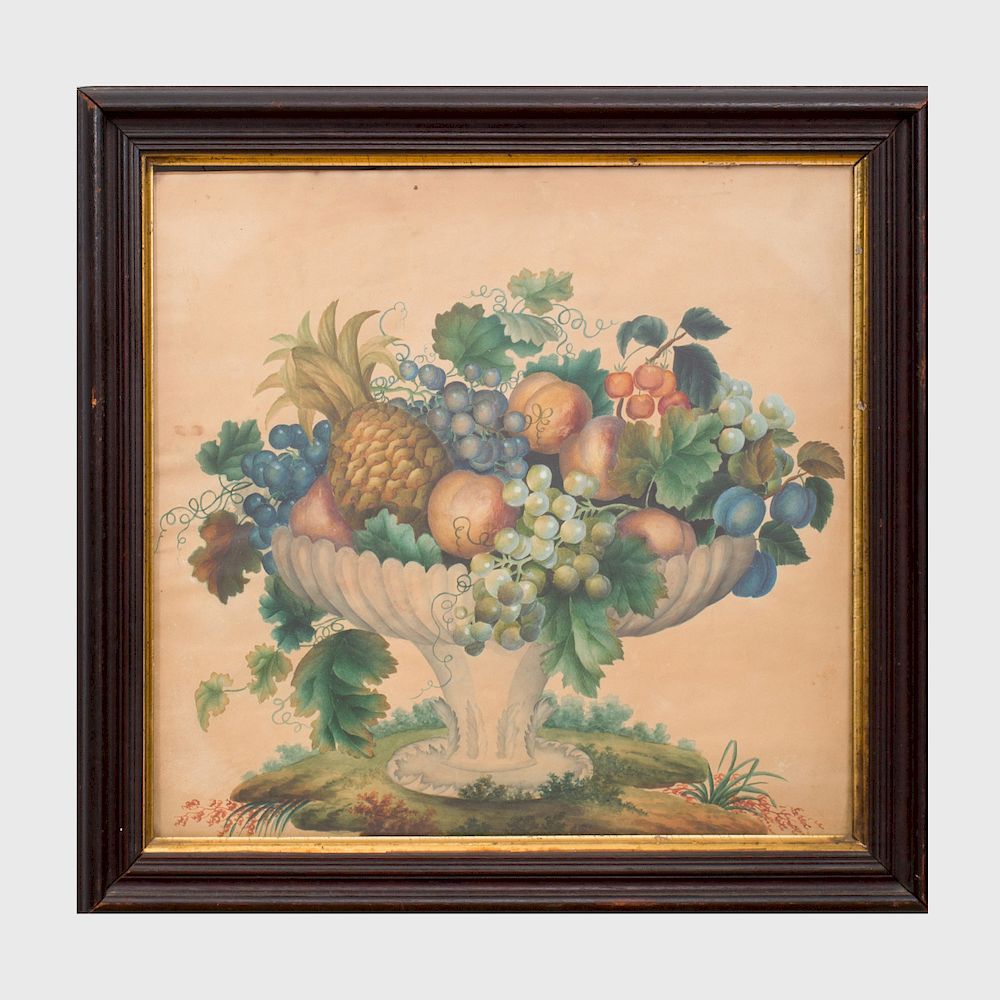 Appraisal: American School Fluted Bowl with Fruit Watercolor on paper unsigned