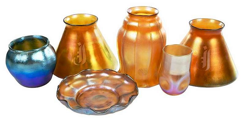 Appraisal: Six Pieces Iridescent Art Glass Tiffany American early th century