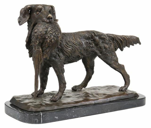 Appraisal: Patinated bronze sculpture Hunting Dog with Quail in the manner