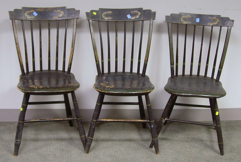 Appraisal: Set of Six Black-painted and Stencil Decorated Windsor Step-down Side