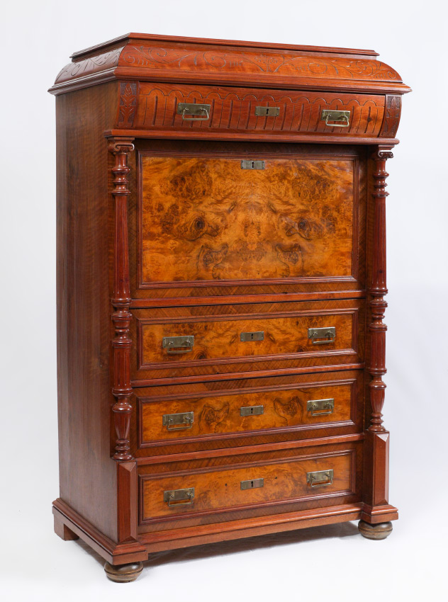 Appraisal: CONTINENTAL DROP FRONT SECRETARY th century construction top with carved